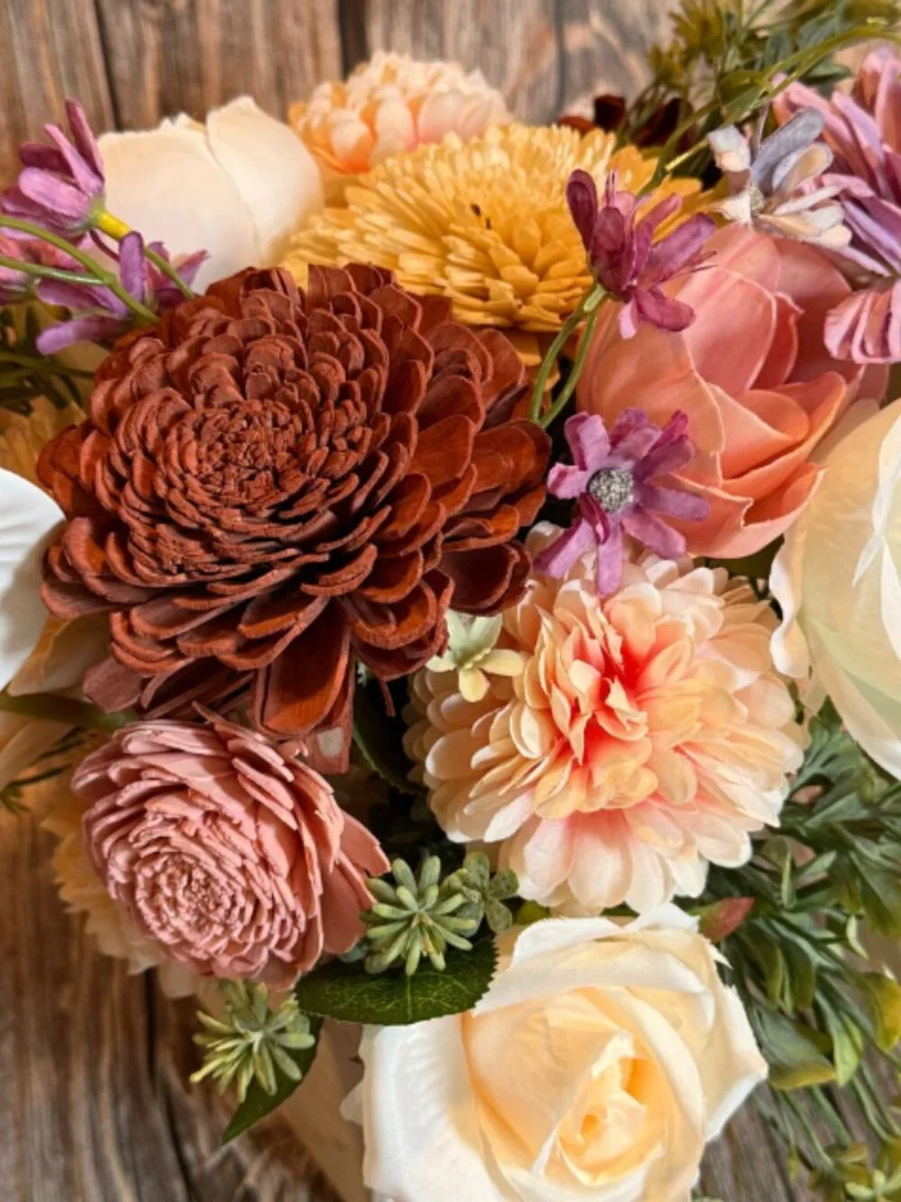 Rustic Burgundy Sola Wood Floral Arrangement in wooden box farmhouse home decor